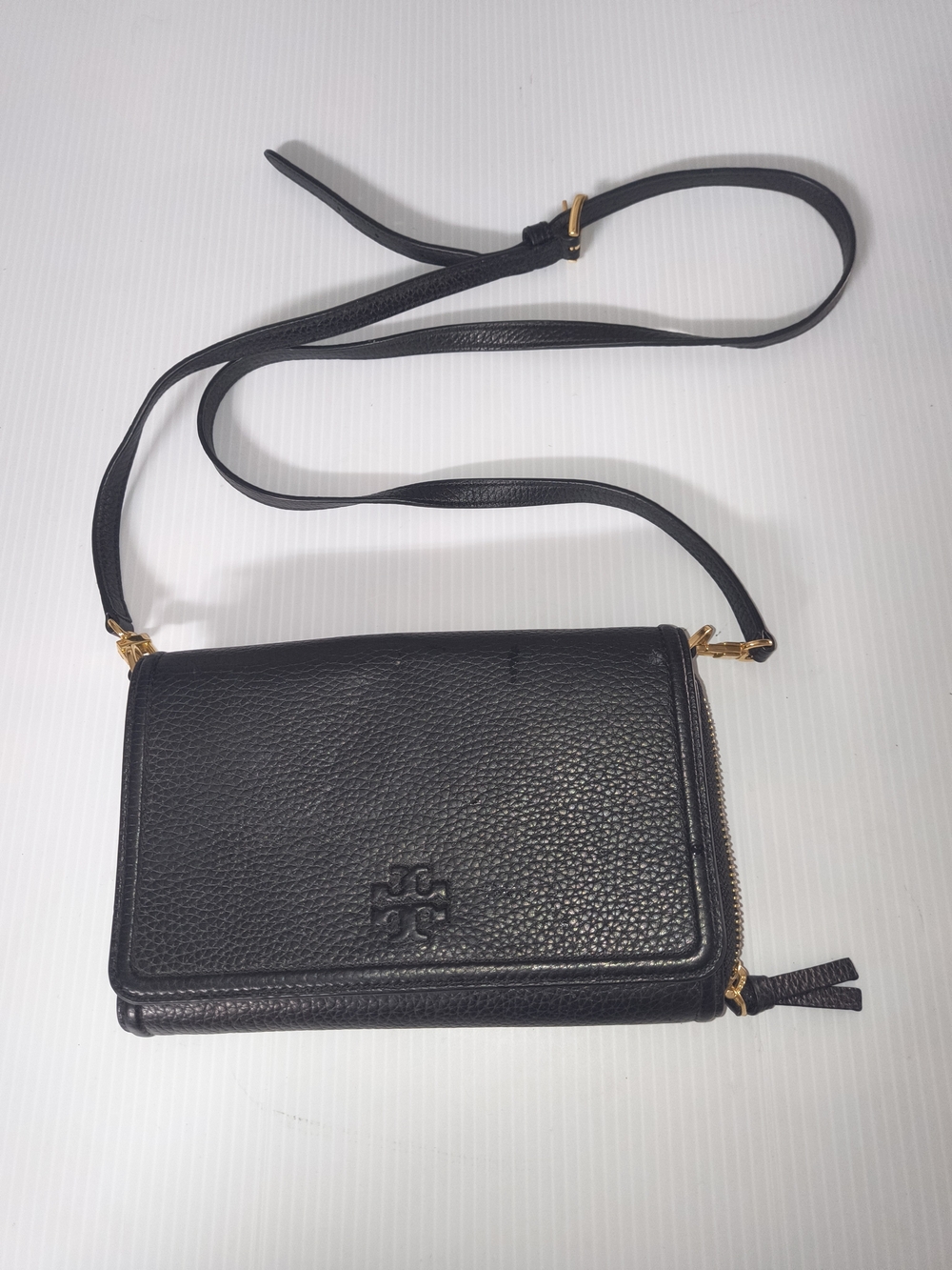 Tory Burch Black Pebbled Leather Crossbody Wallet with Gold Hardware